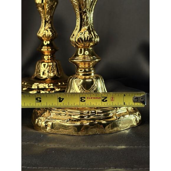 Solid Brass Candlestick Pair 10” Heavy Gold Finish Vintage French Style - Picture 12 of 14